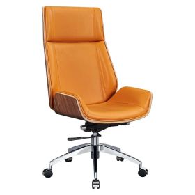 Ergonomic Office Chair Swivel Armless Seat Chair High Back Genuine Leather (Color: Orange with walnut)